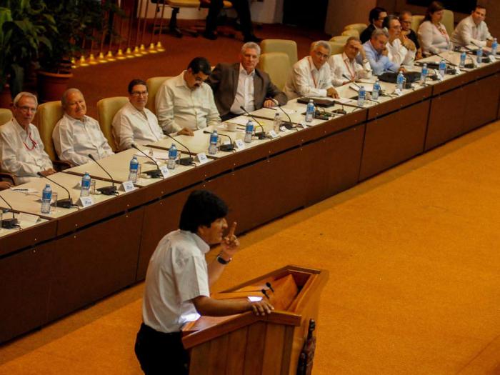 Evo Morales Ayma, presidente del Estado Plurinacional de Bolivia, en la plenaria especial sobre el pensamiento de Fidel, durante el XXIV Encuentro del Foro de Sao Paulo