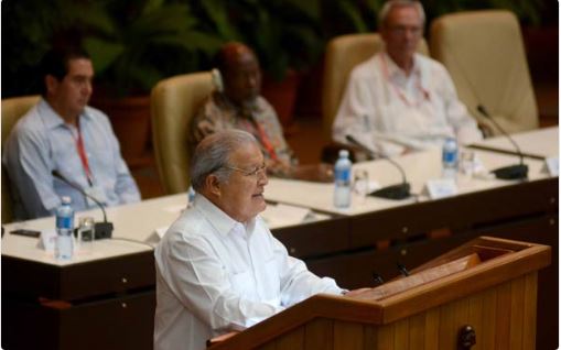 Salvador Sánchez Cerén, presidente de la República de El Salvador, en la plenaria especial sobre el pensamiento de Fidel, durante el XXIV Encuentro del Foro de Sao Paulo