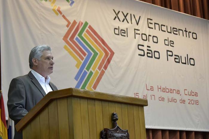 Miguel M. Díaz-Canel Bermúdez, Presidente de los Consejos de Estado y de Ministros, en la plenaria especial sobre el pensamiento de Fidel, durante el XXIV Encuentro del Foro de Sao Paulo